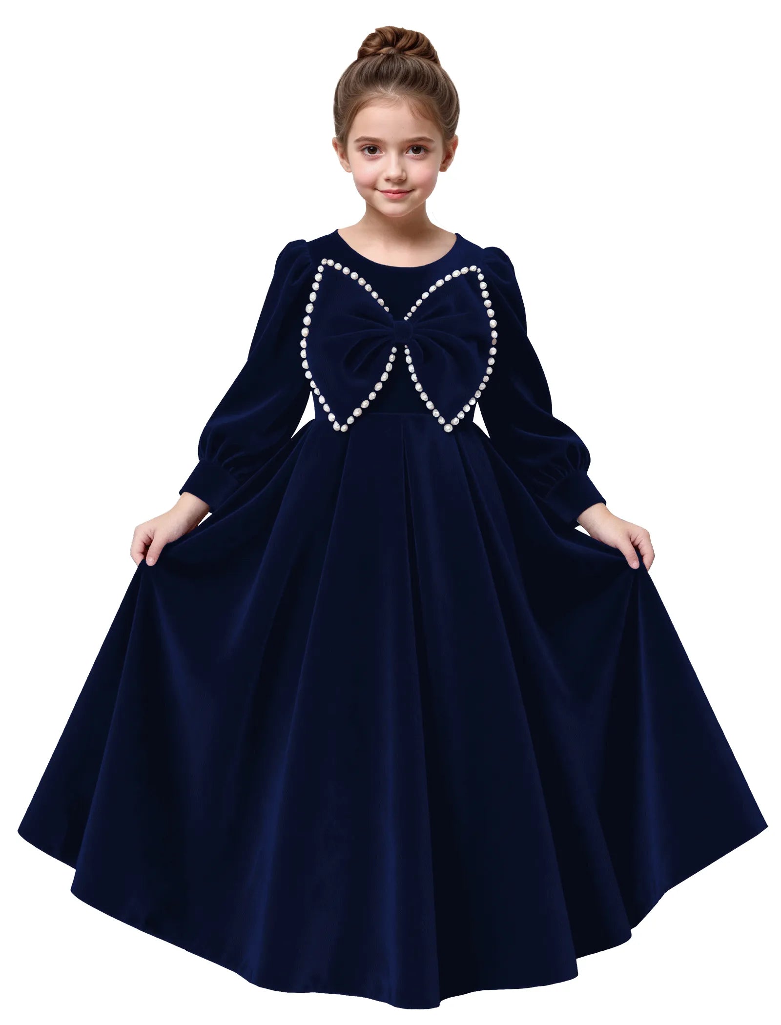 Long Sleeve Velvet Flower Girl Dress with Pearl Bow