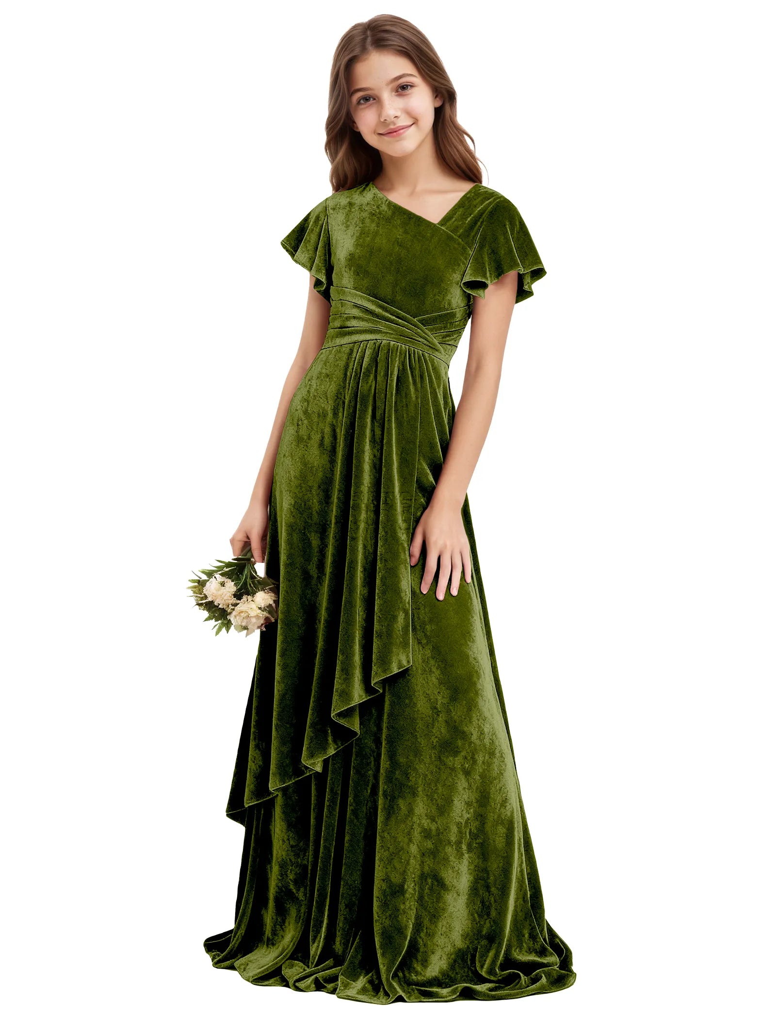 Girls Velvet V-Neck Gown with Draped Ruffle Skirt