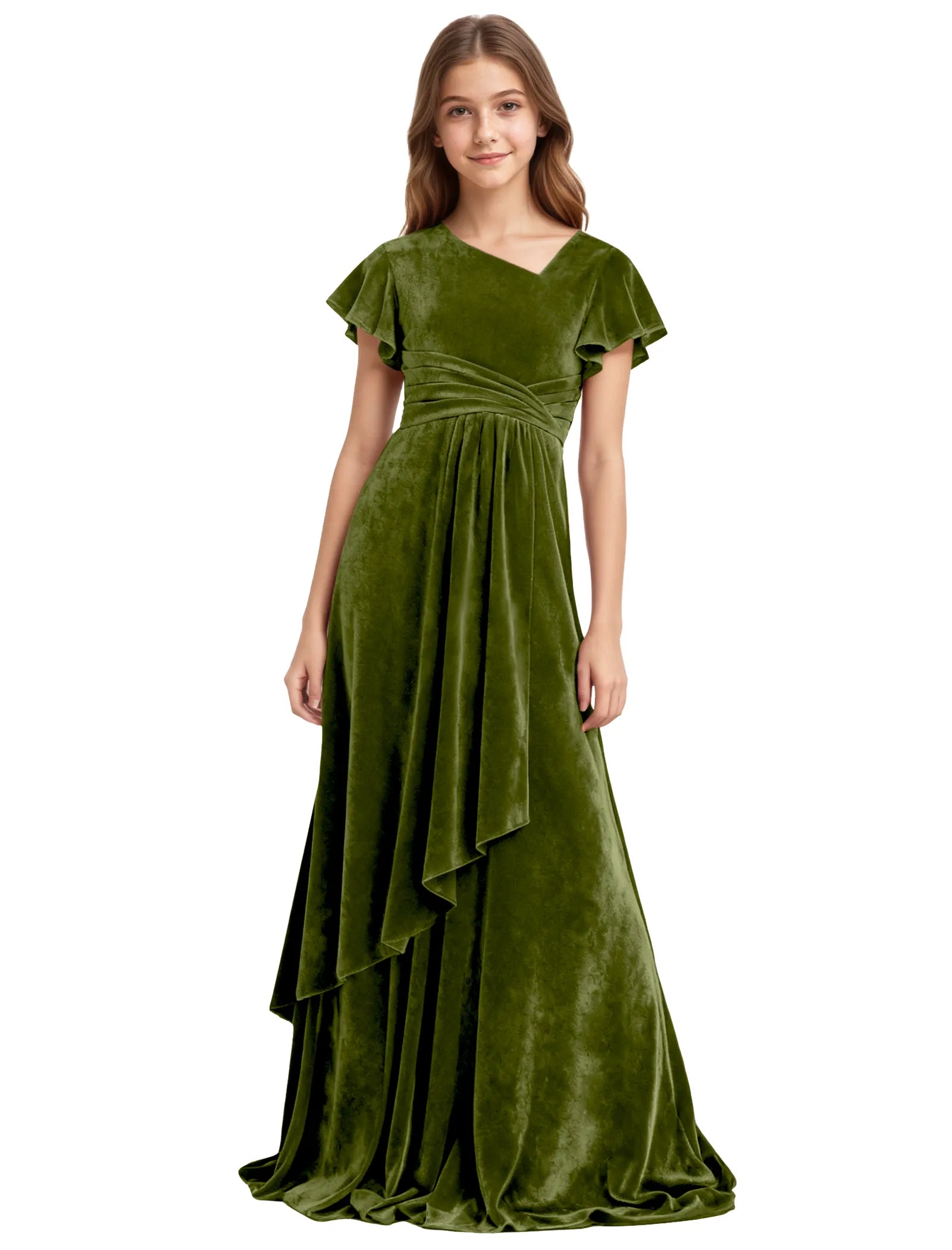 Girls Velvet V-Neck Gown with Draped Ruffle Skirt