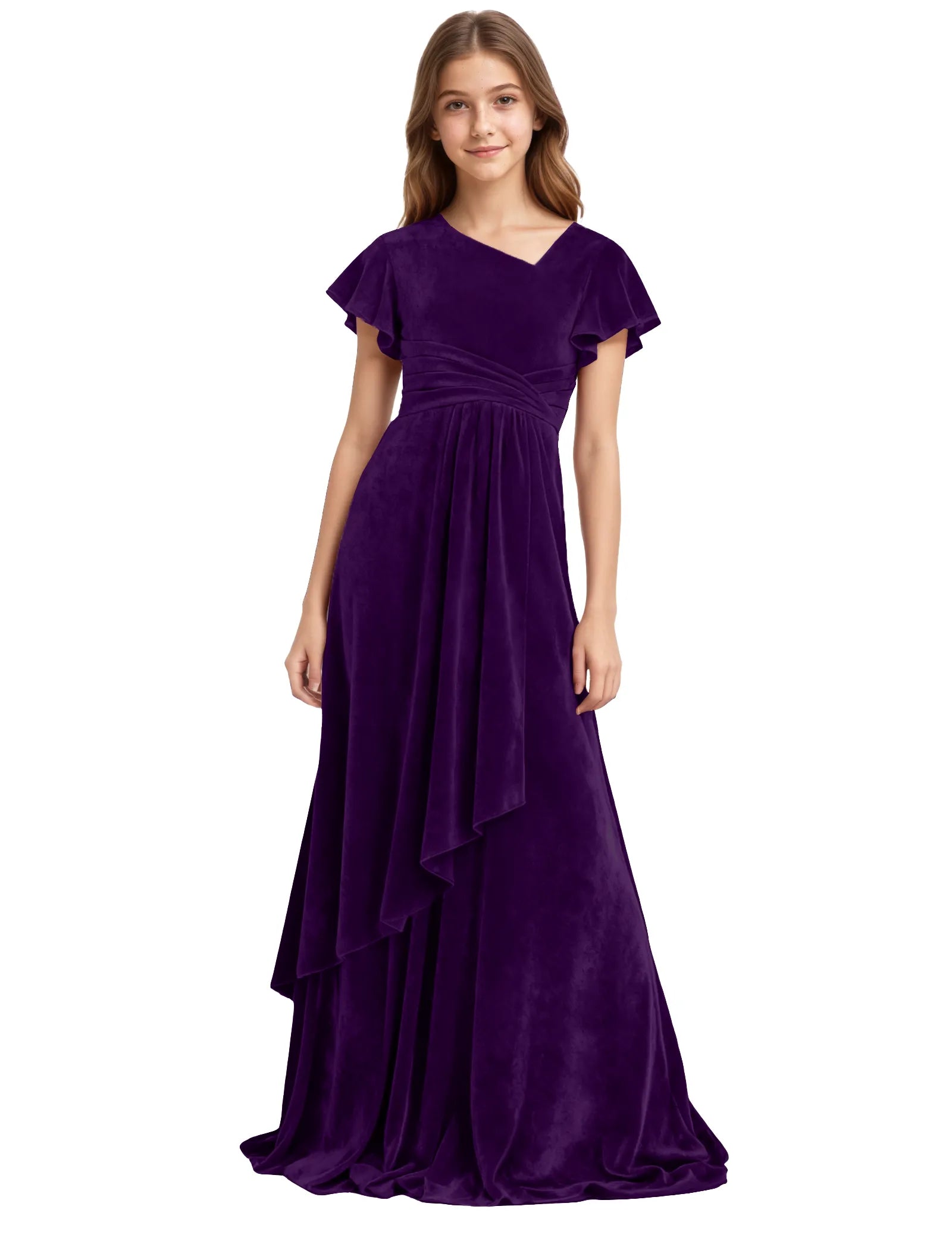 Girls Velvet V-Neck Gown with Draped Ruffle Skirt