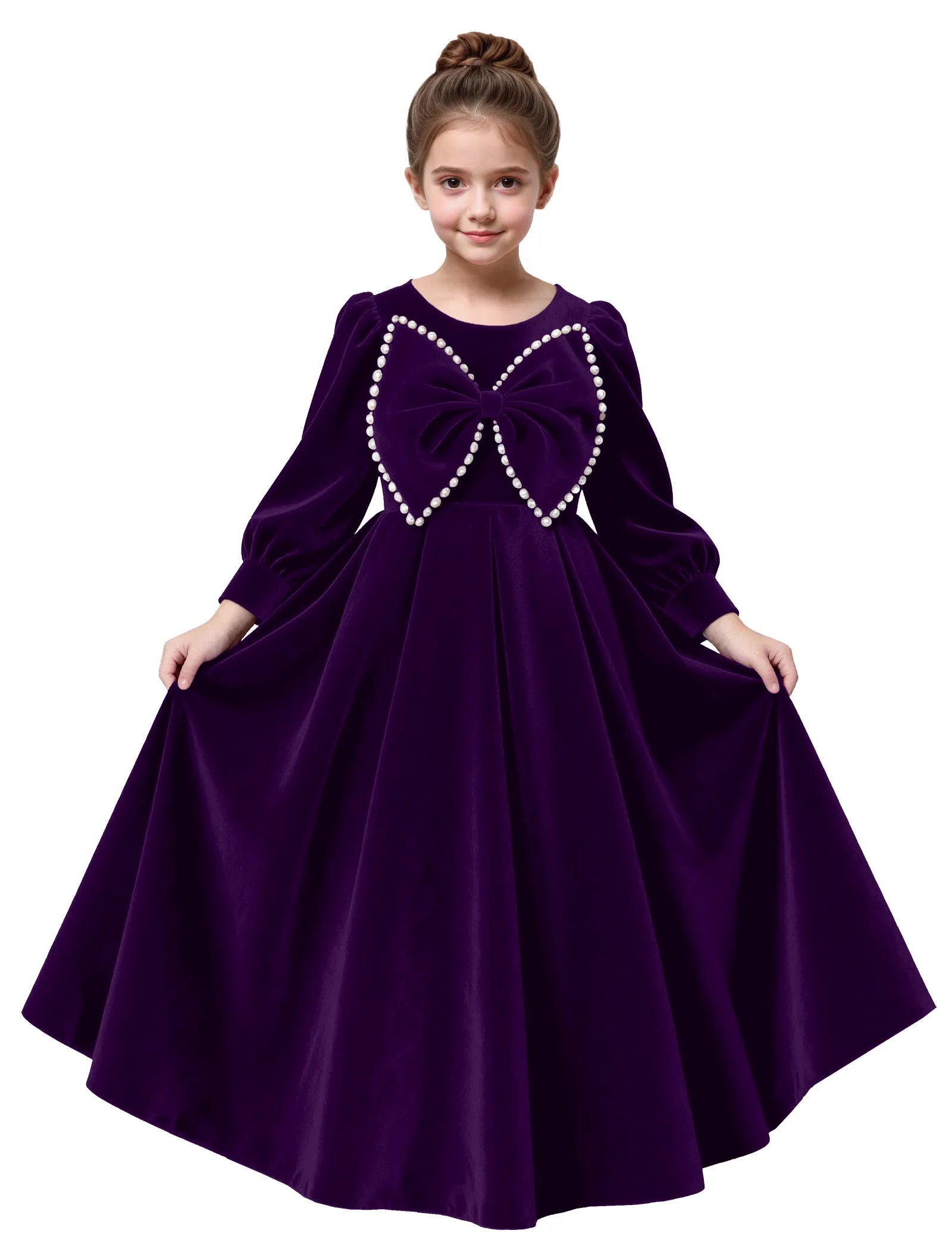 Long Sleeve Velvet Flower Girl Dress with Pearl Bow