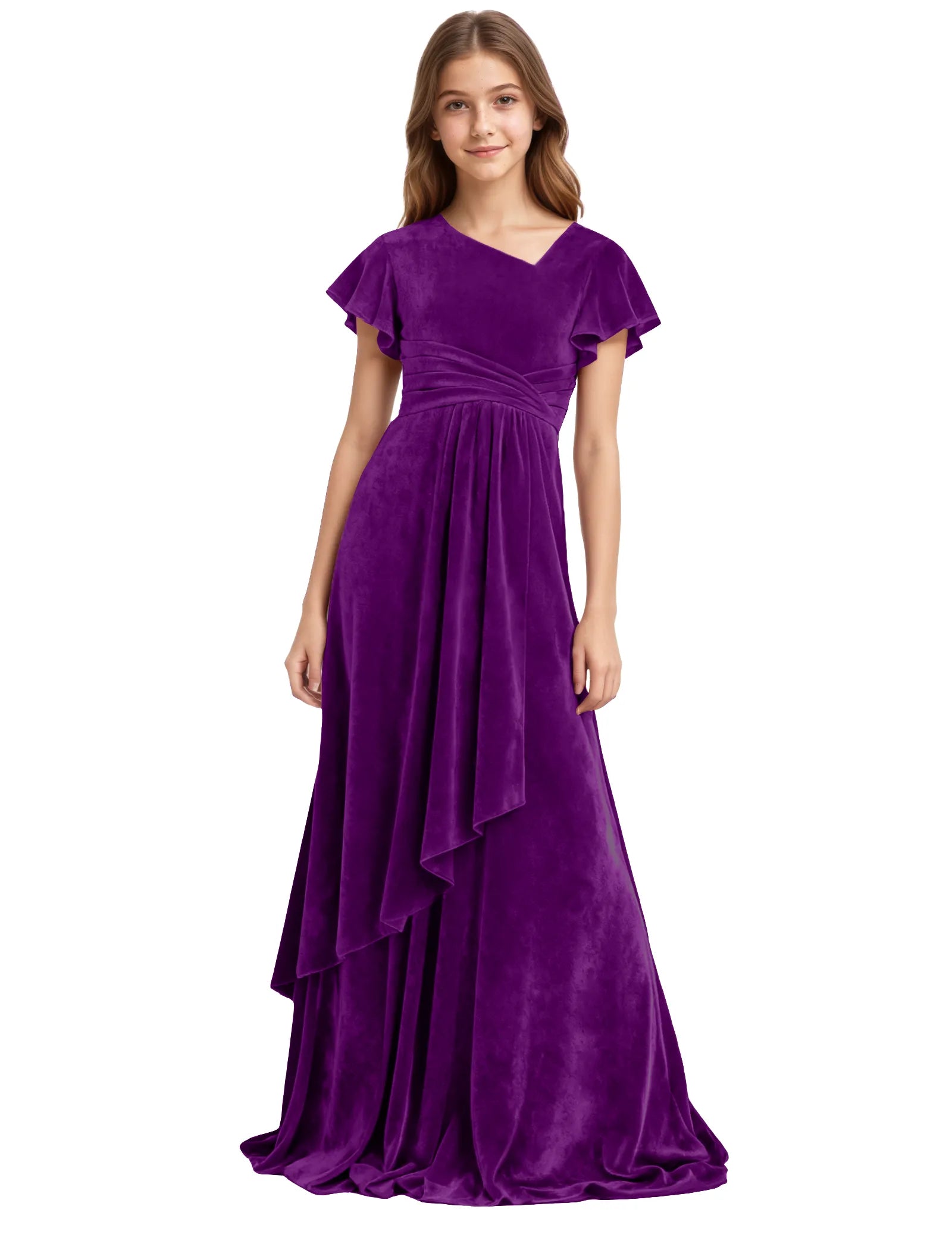 Girls Velvet V-Neck Gown with Draped Ruffle Skirt