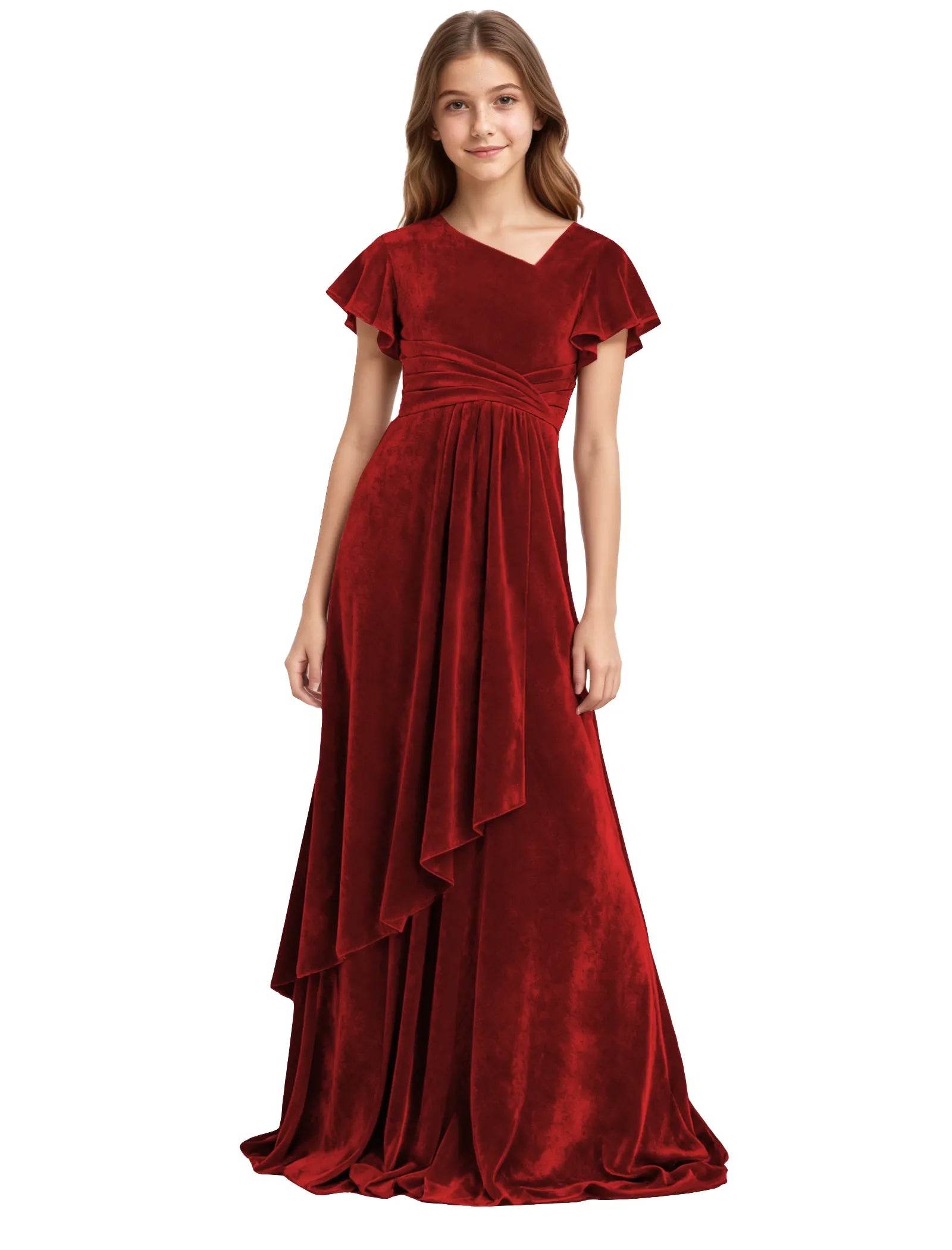 Girls Velvet V-Neck Gown with Draped Ruffle Skirt