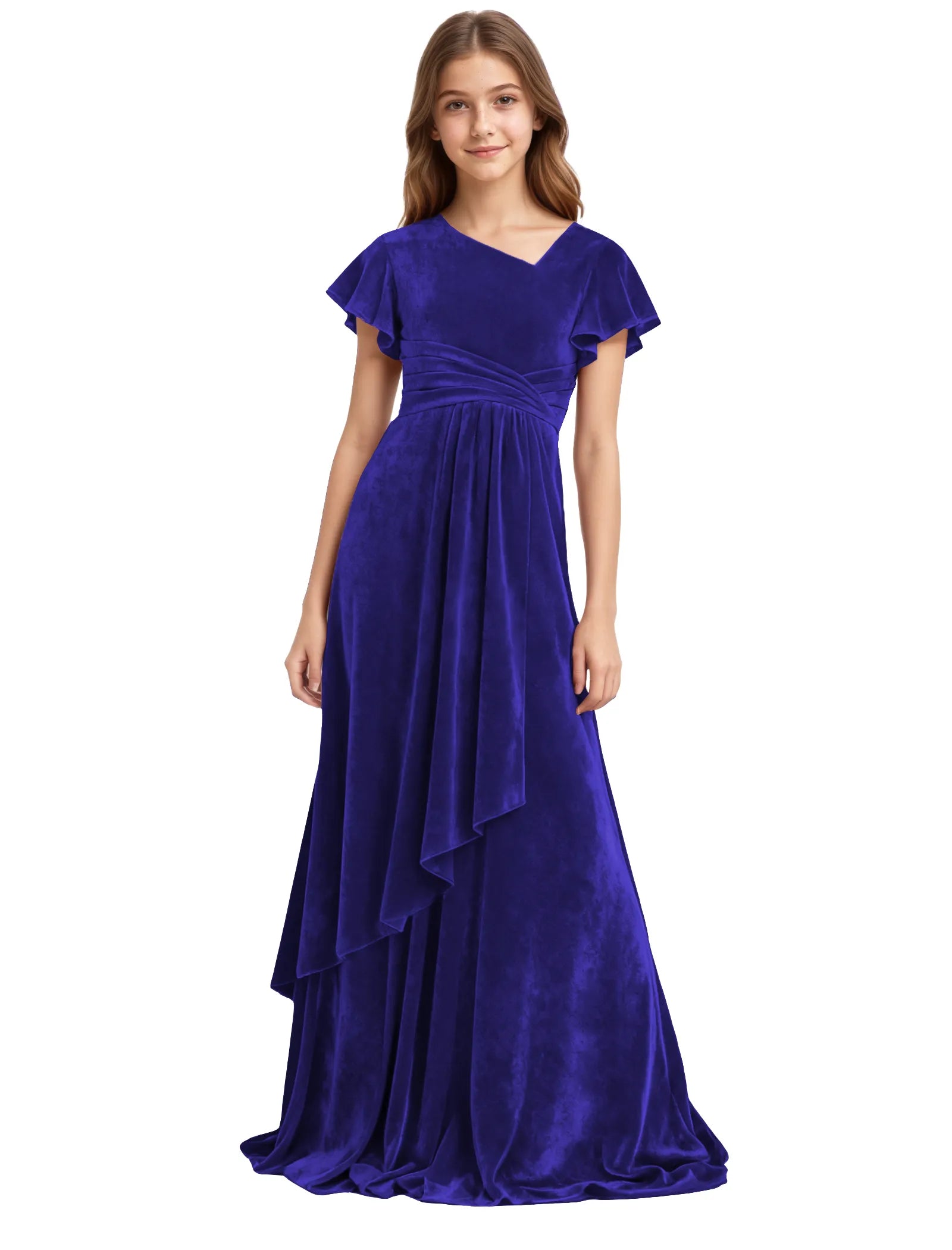 Girls Velvet V-Neck Gown with Draped Ruffle Skirt