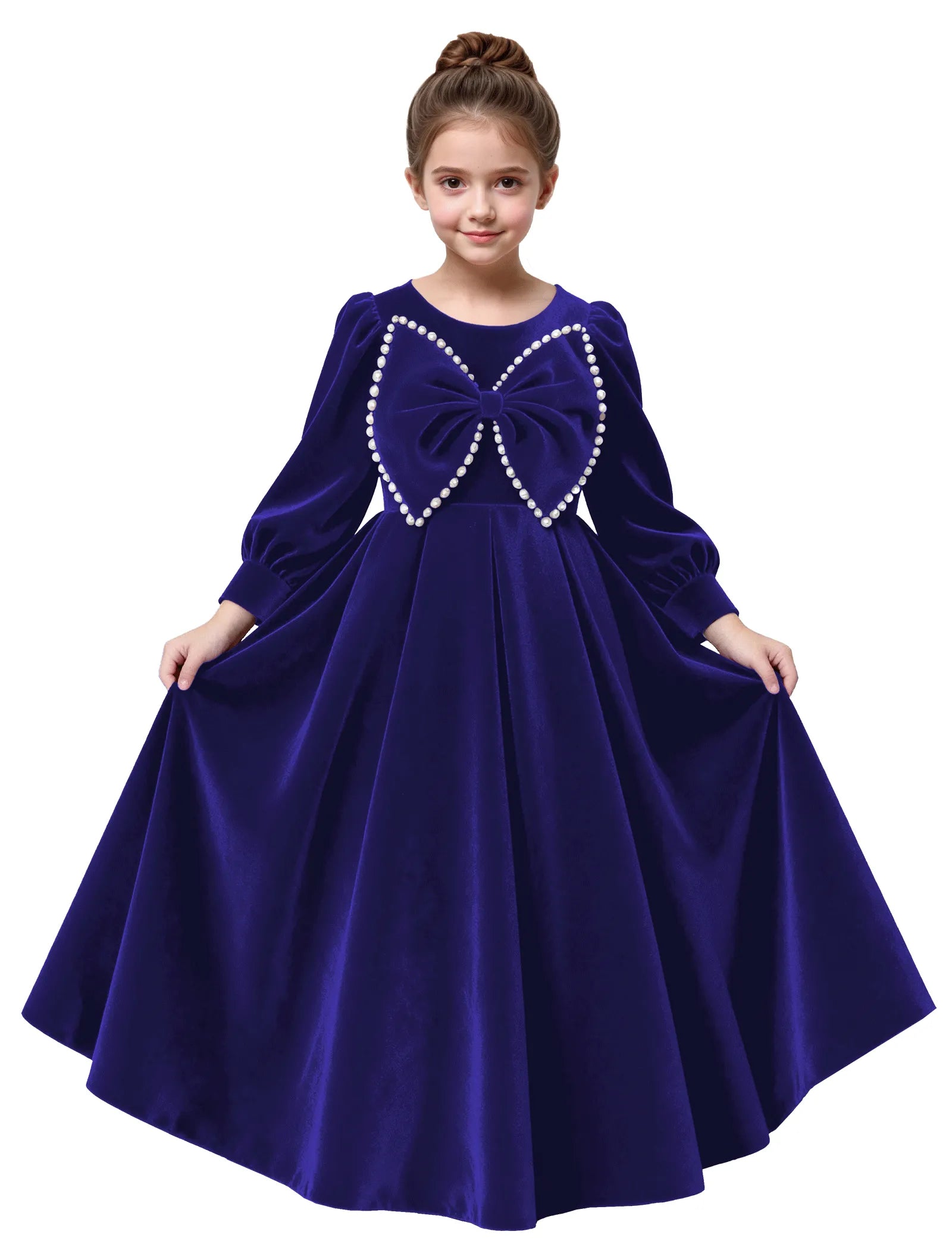 Long Sleeve Velvet Flower Girl Dress with Pearl Bow