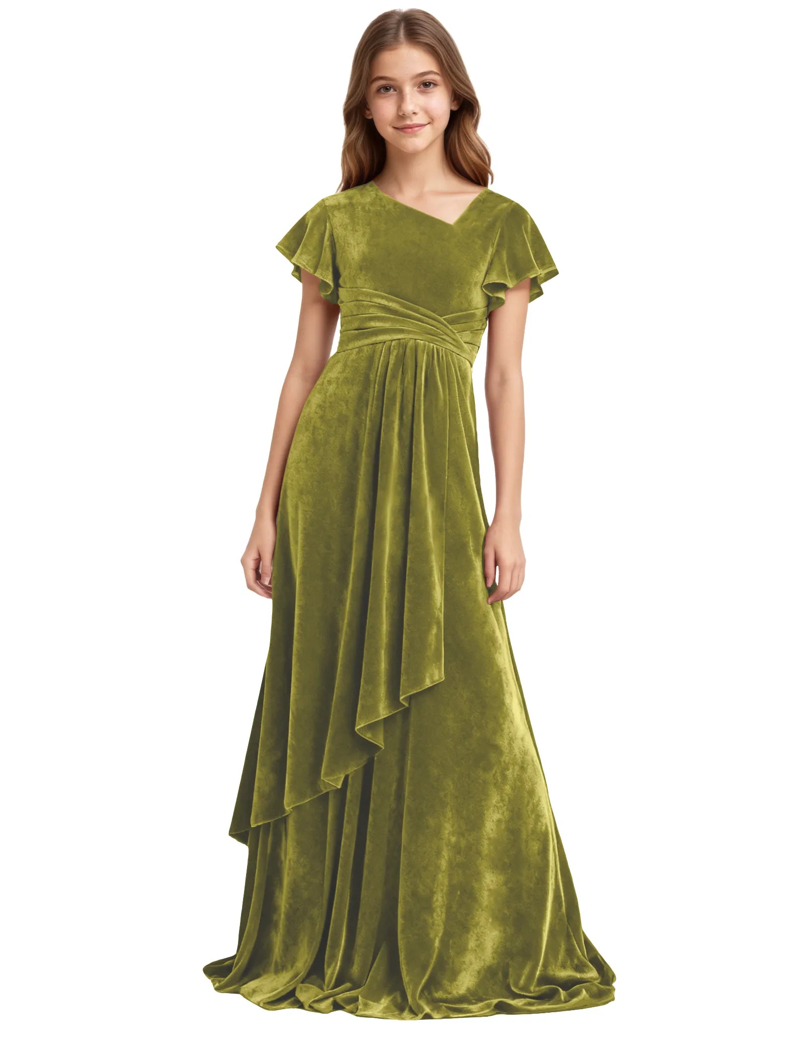 Girls Velvet V-Neck Gown with Draped Ruffle Skirt