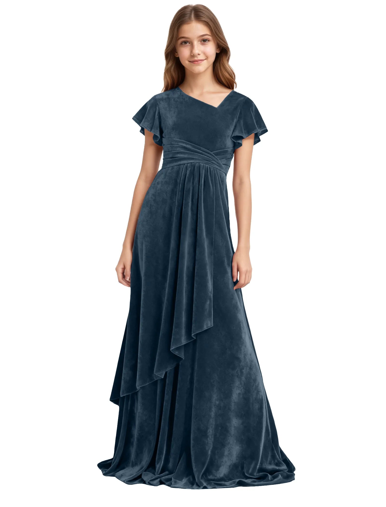 Girls Velvet V-Neck Gown with Draped Ruffle Skirt
