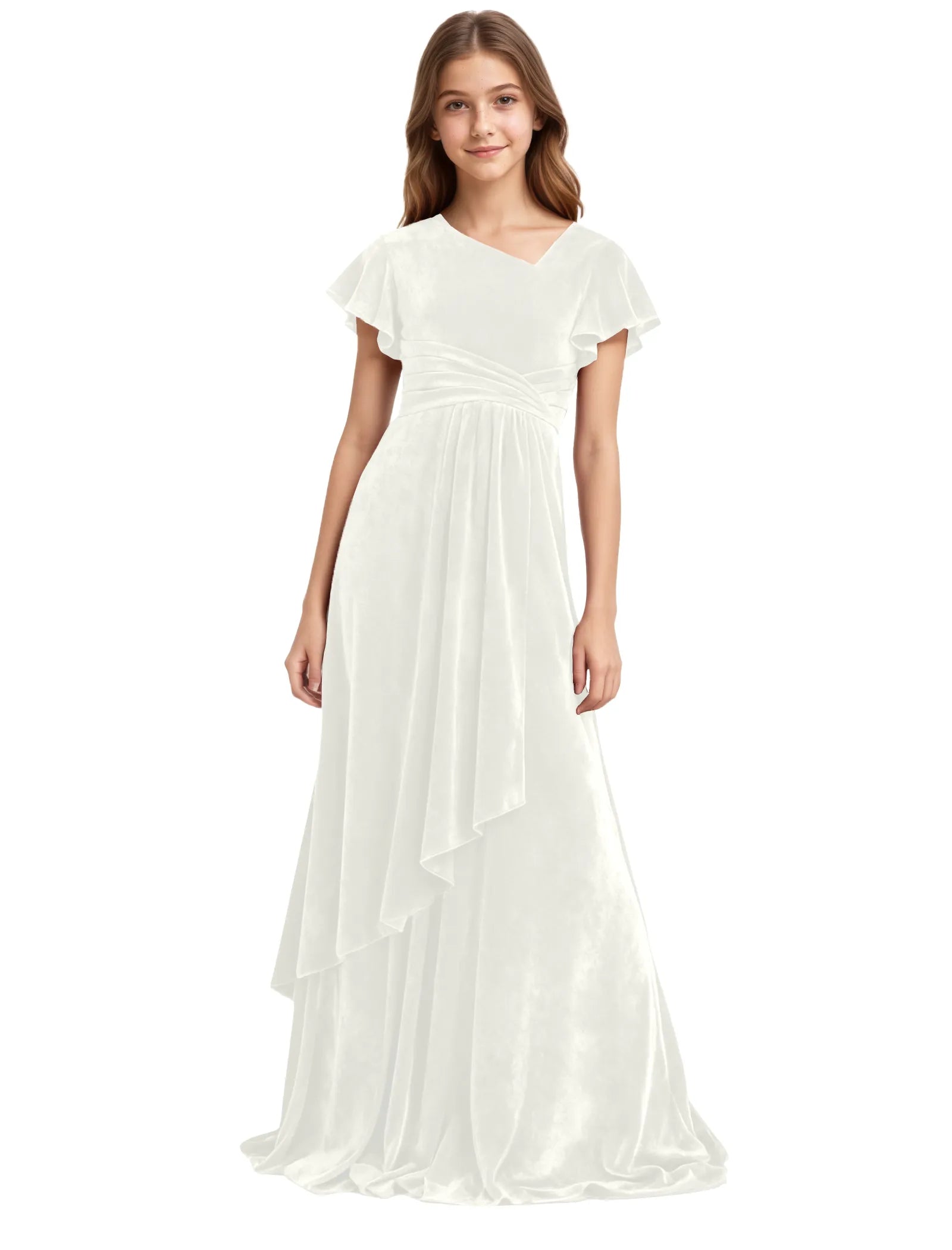 Girls Velvet V-Neck Gown with Draped Ruffle Skirt