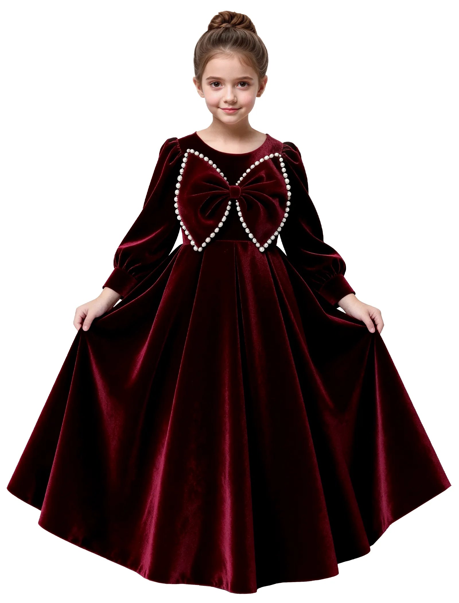 Long Sleeve Velvet Flower Girl Dress with Pearl Bow