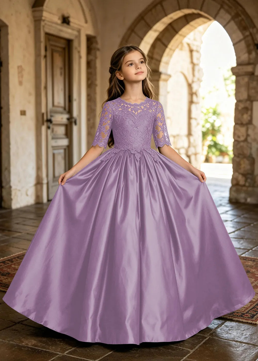 Floral Lace Satin Ball Gown for Girls