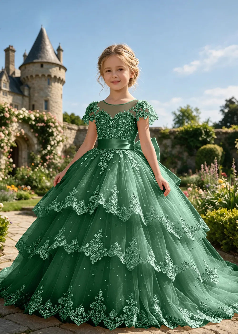 Tiered Lace Flower Girl Ball Gown with Satin Bow