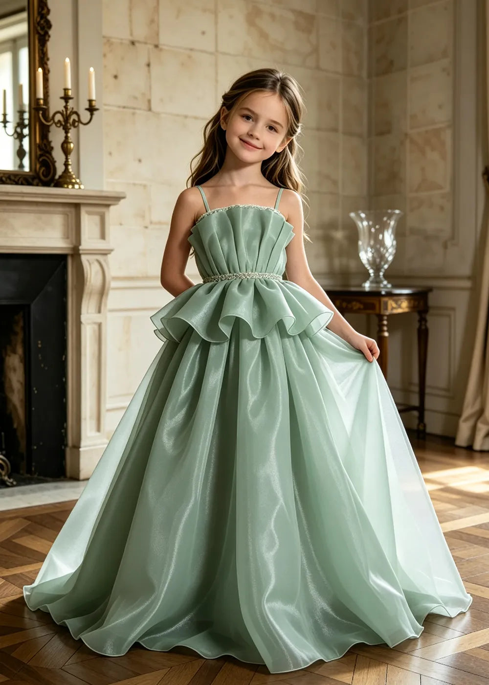 Pearl Waist Draped Flower Girl Ball Gown