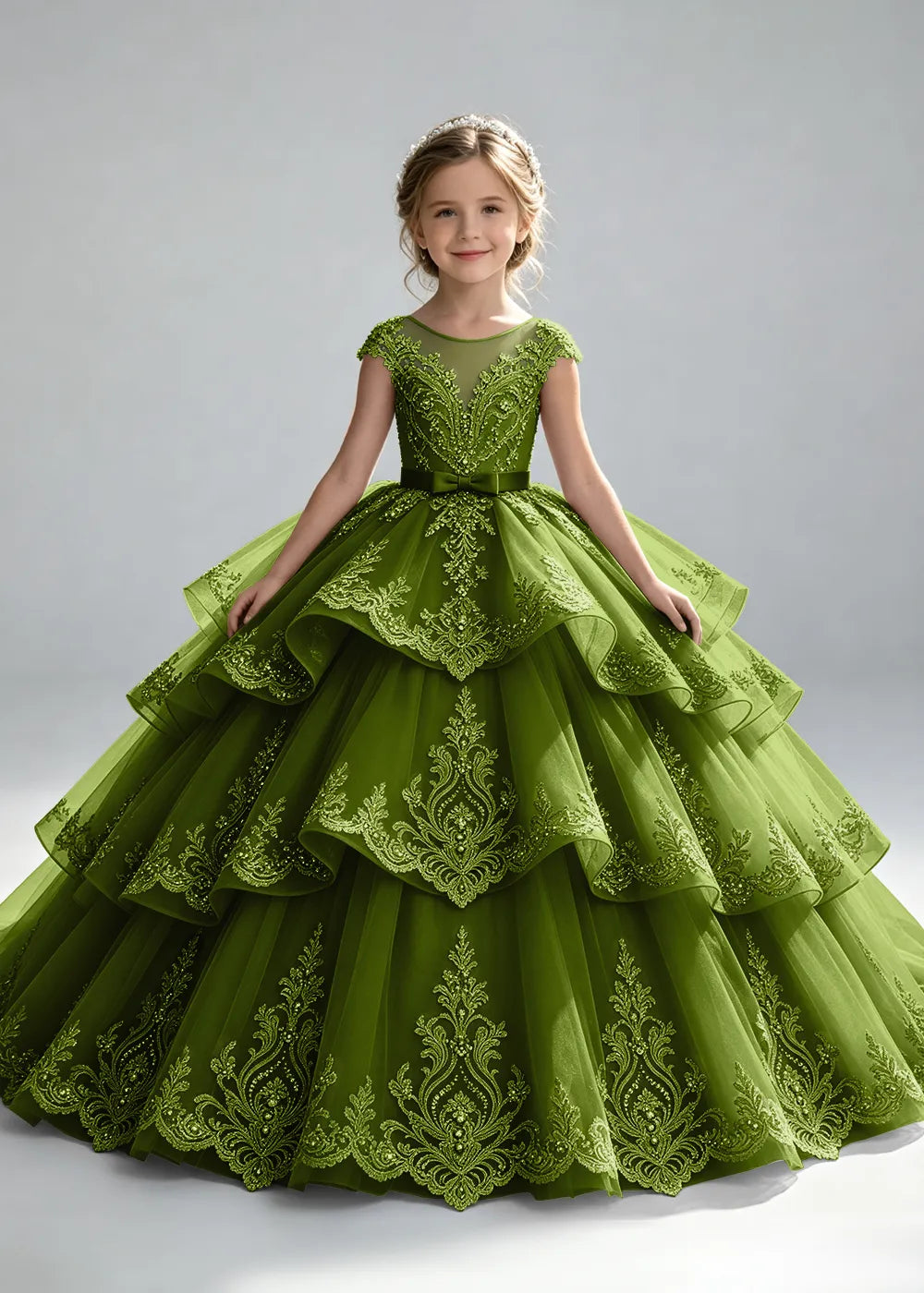 Embroidered Illusion Neck Tiered Pageant Ball Gown