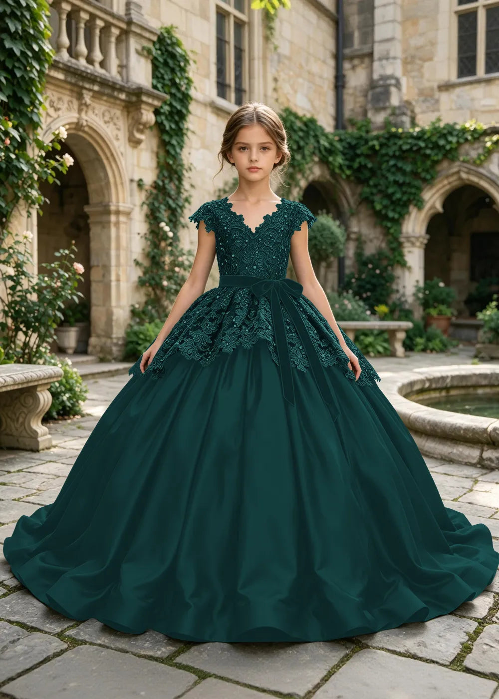 Floral Lace Satin Ball Gown for Girls