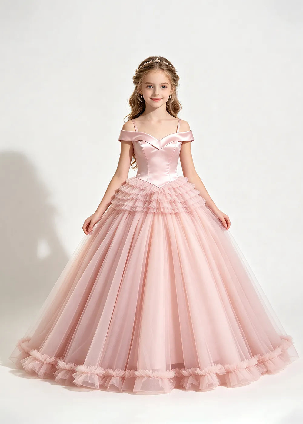 Off-Shoulder Satin Princess Ball Gown for Girls