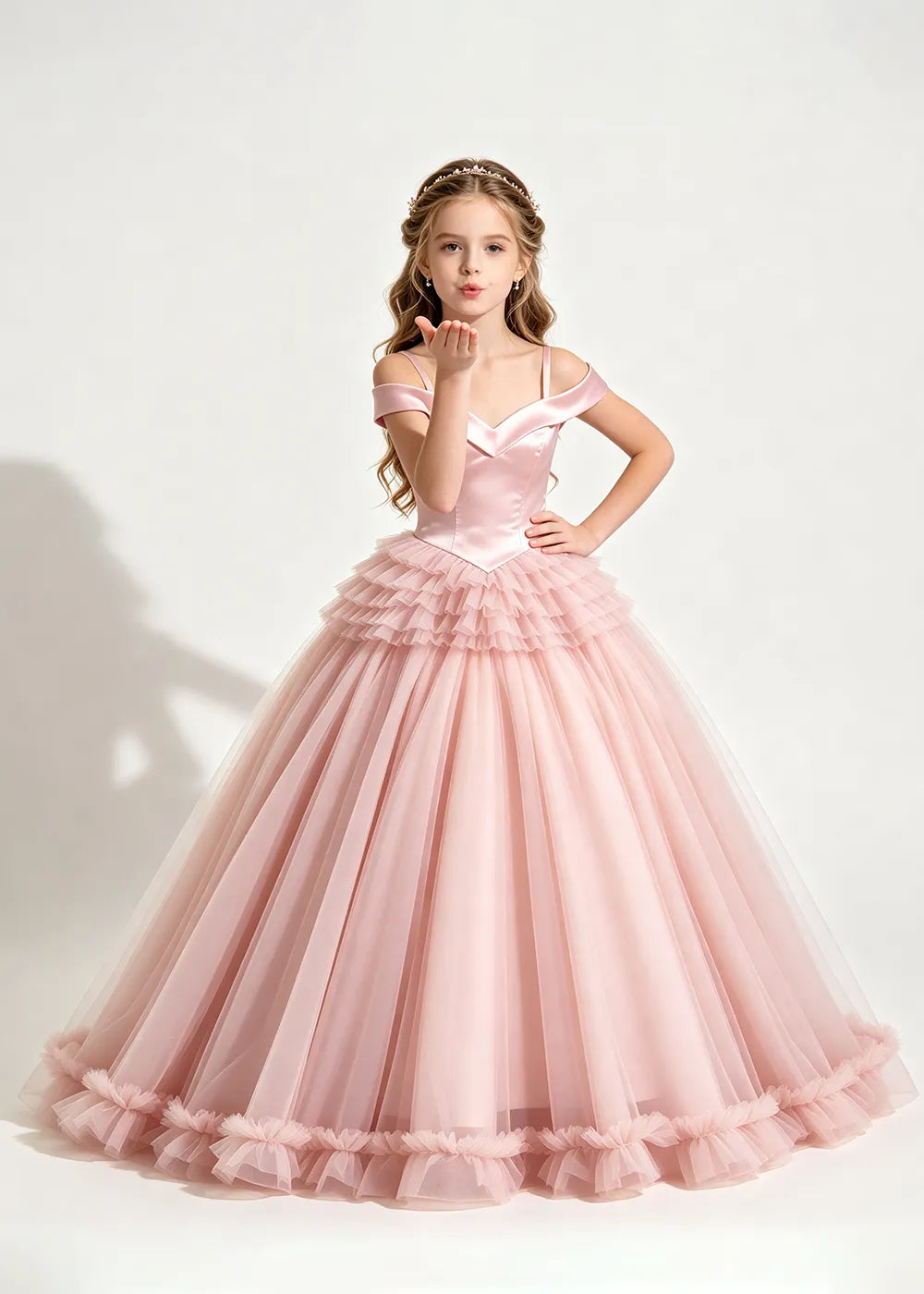 Off-Shoulder Satin Princess Ball Gown for Girls
