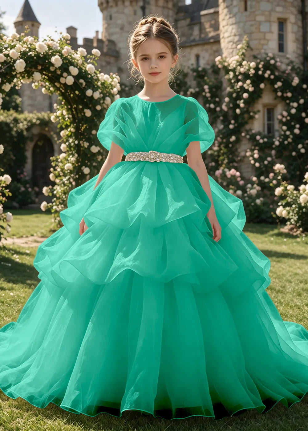 Jeweled Waist Puff Sleeve Flower Girl Ball Gown