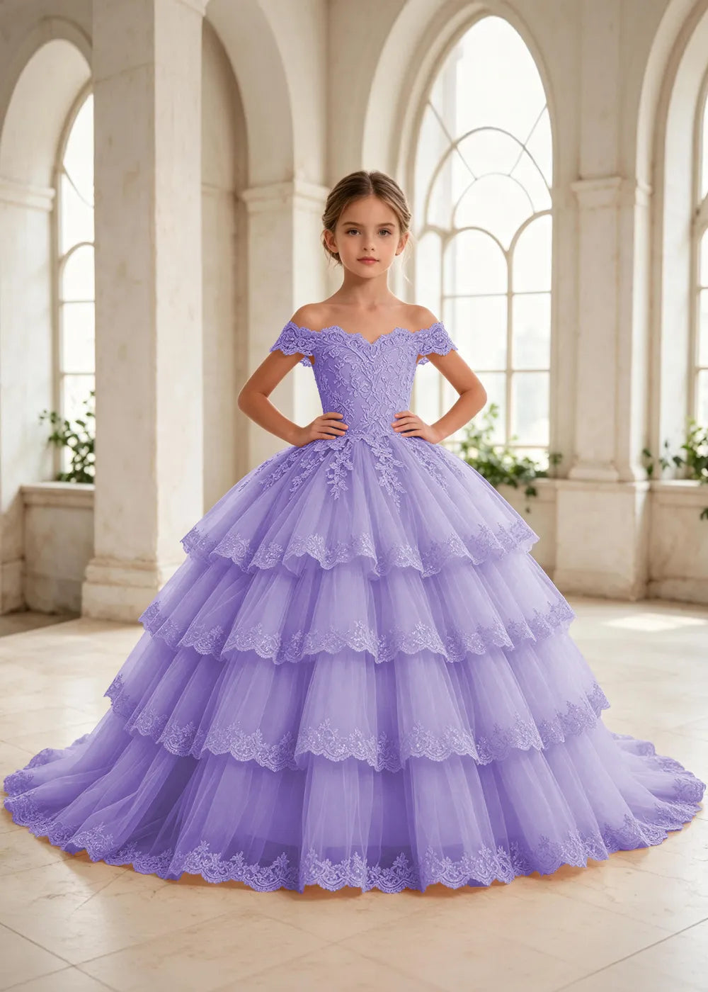 オフショルダーのレースプリンセスドレス