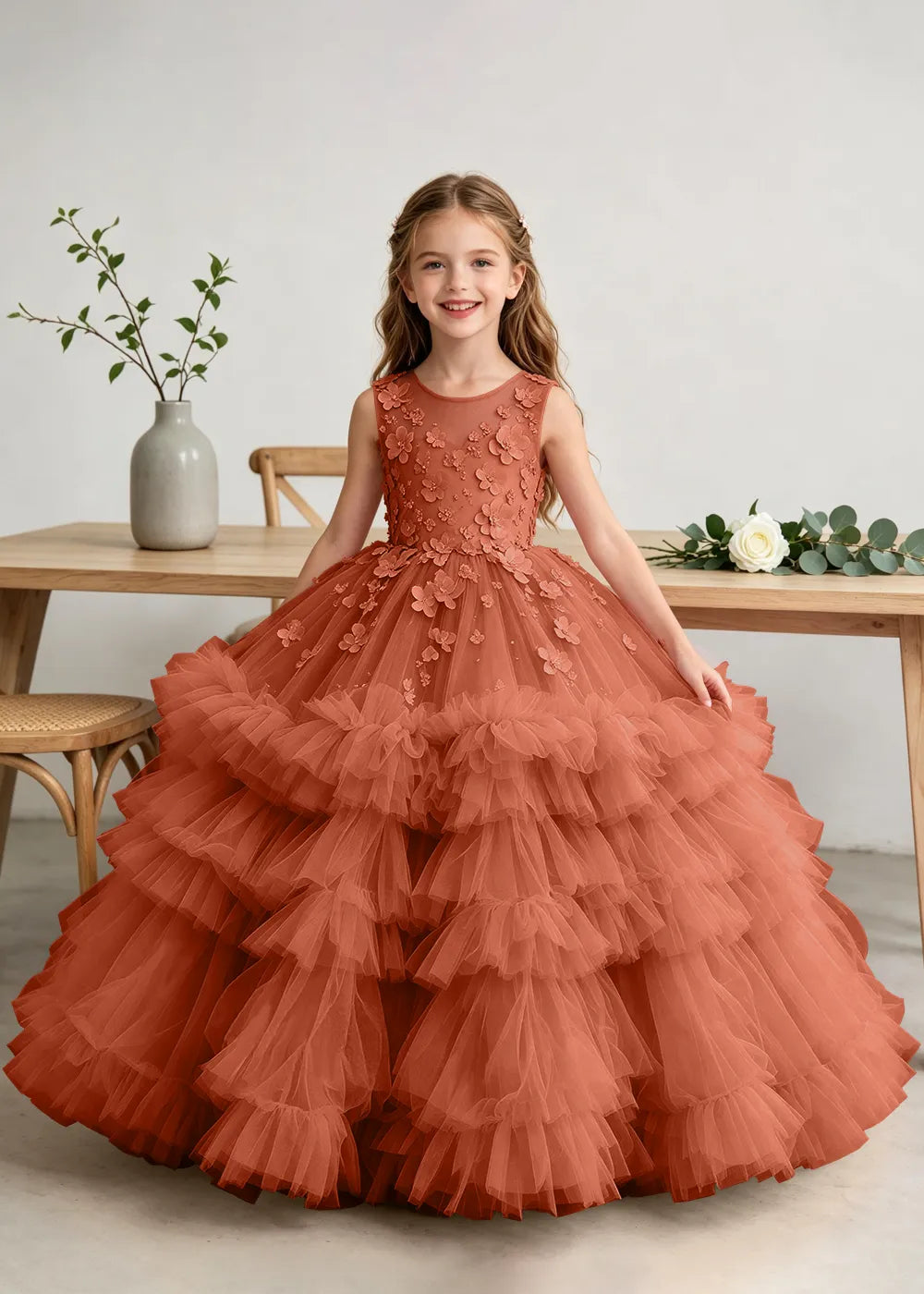 Girls High-Low Floral Appliqué Tulle Gown