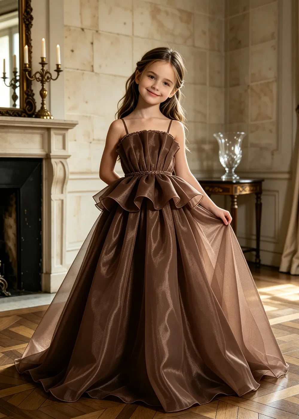 Pearl Waist Draped Flower Girl Ball Gown
