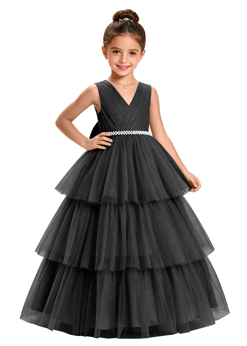 V-Neck Tiered Tulle Girls Princess Dress