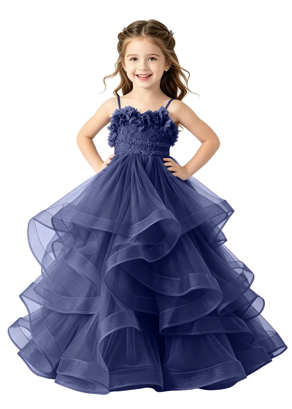 3D Floral Ruffle Tulle Girls Ball Gown
