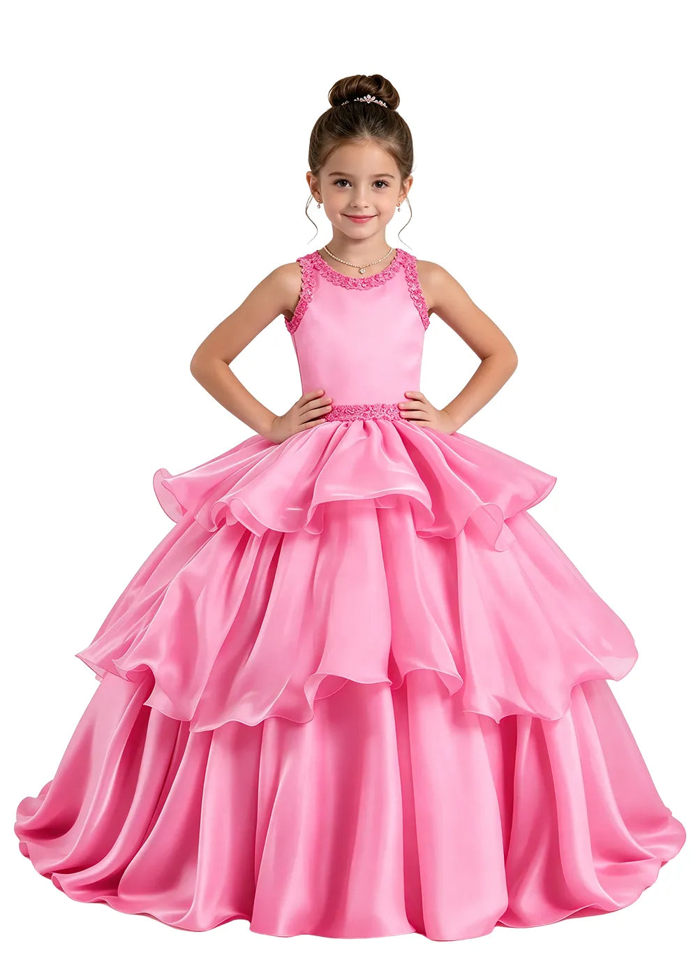 Lace-Trim Tiered Satin Girls Birthday Ball Gown