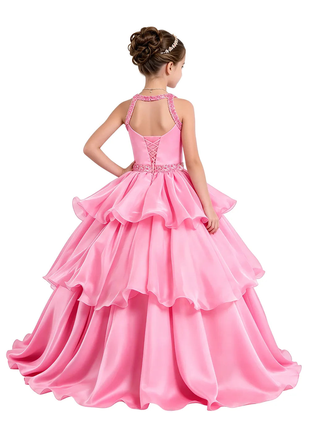 Lace-Trim Tiered Satin Girls Birthday Ball Gown