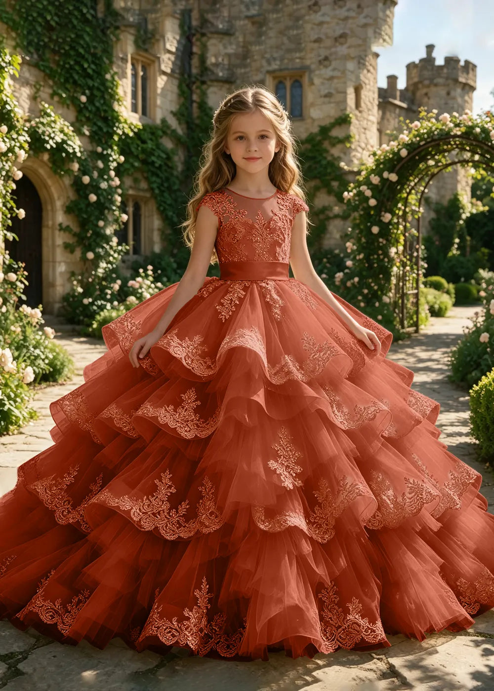 Cascading Lace Ruffle Flower Girl Ball Gown