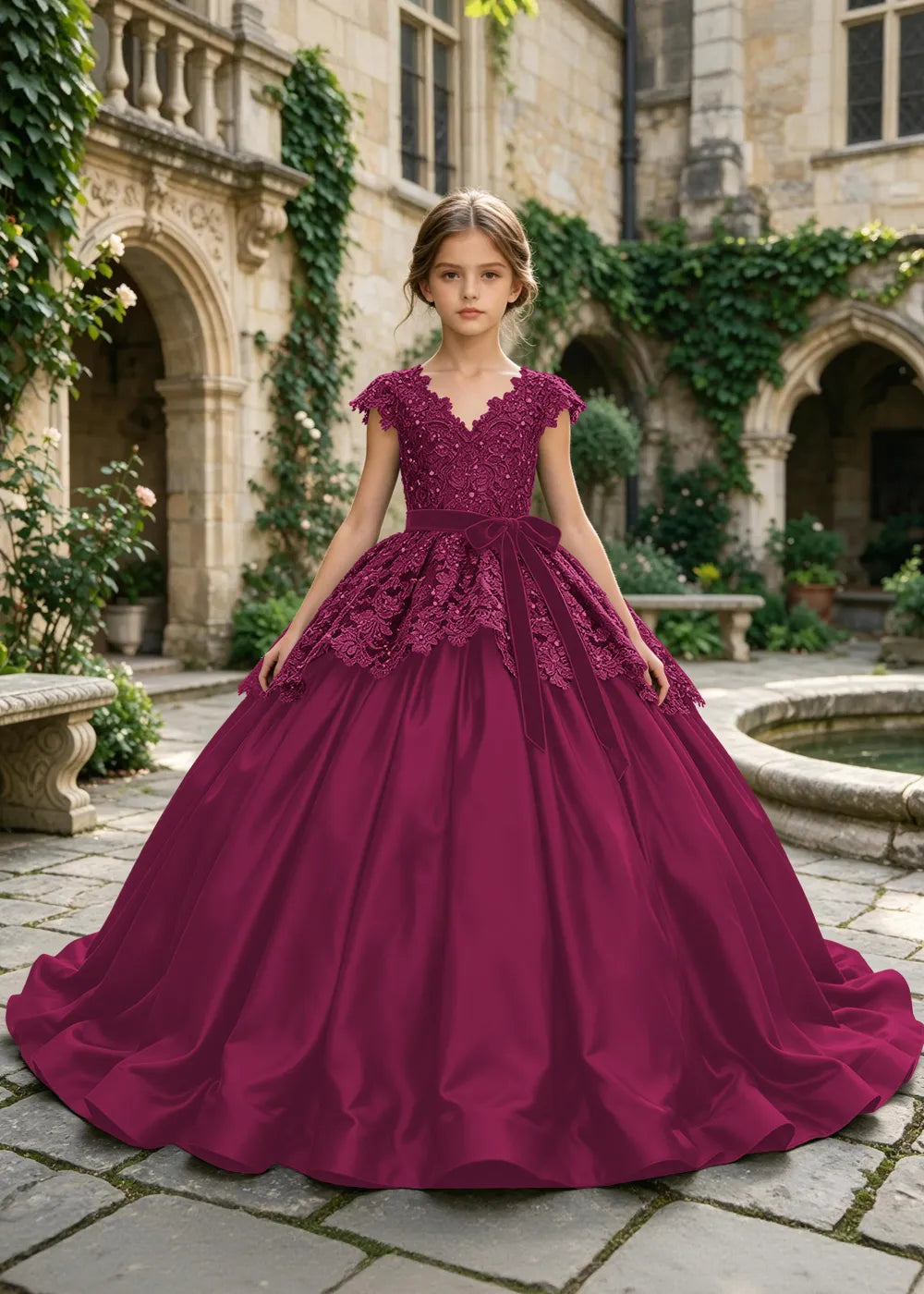 Floral Lace Satin Ball Gown for Girls