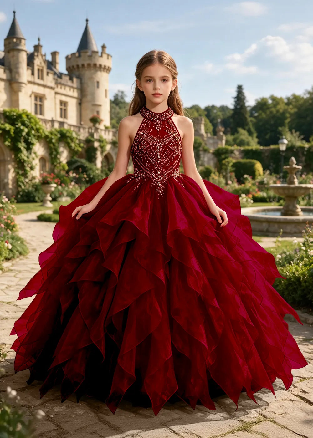 Embellished Halter Pageant Ball Gown for Girls