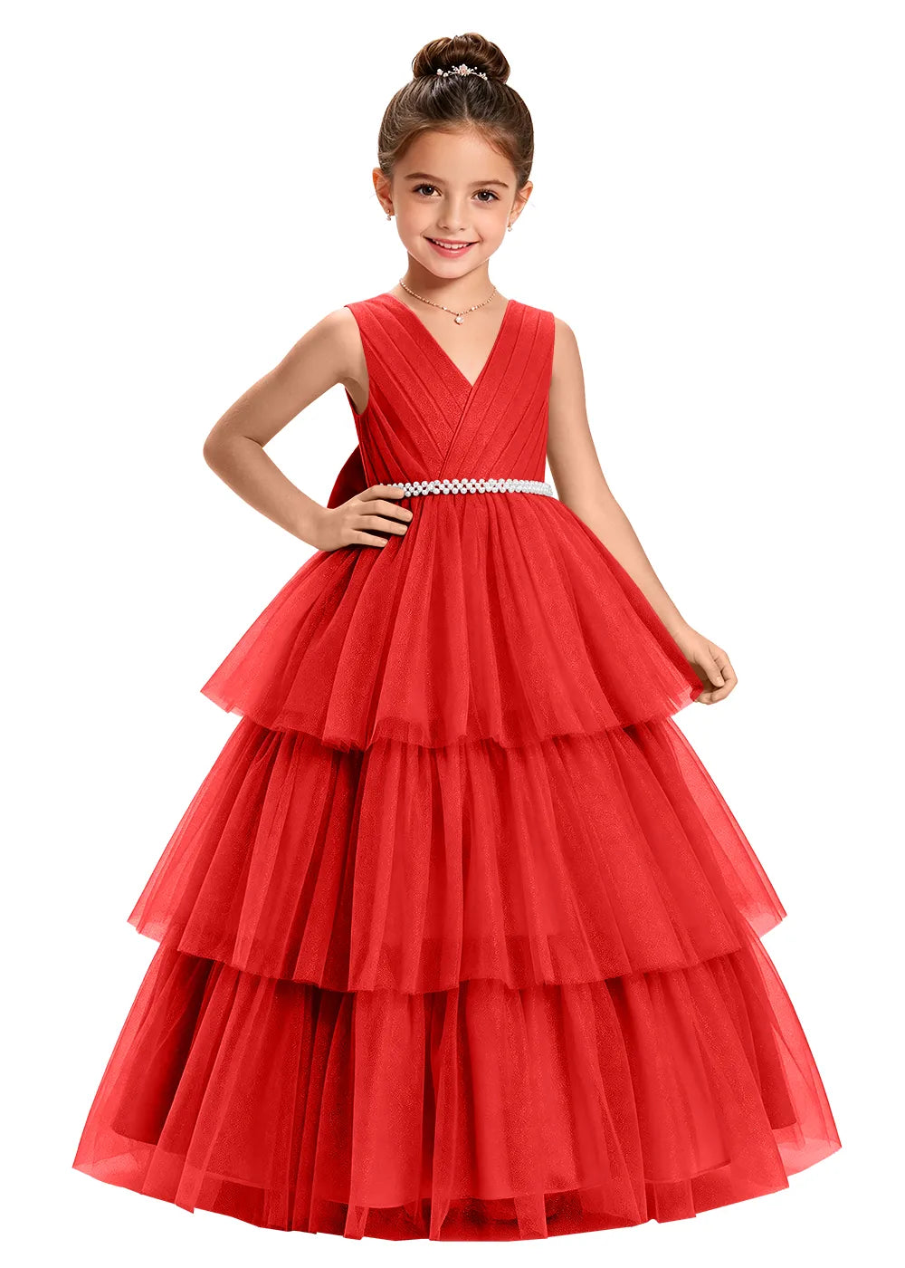 V-Neck Tiered Tulle Girls Princess Dress