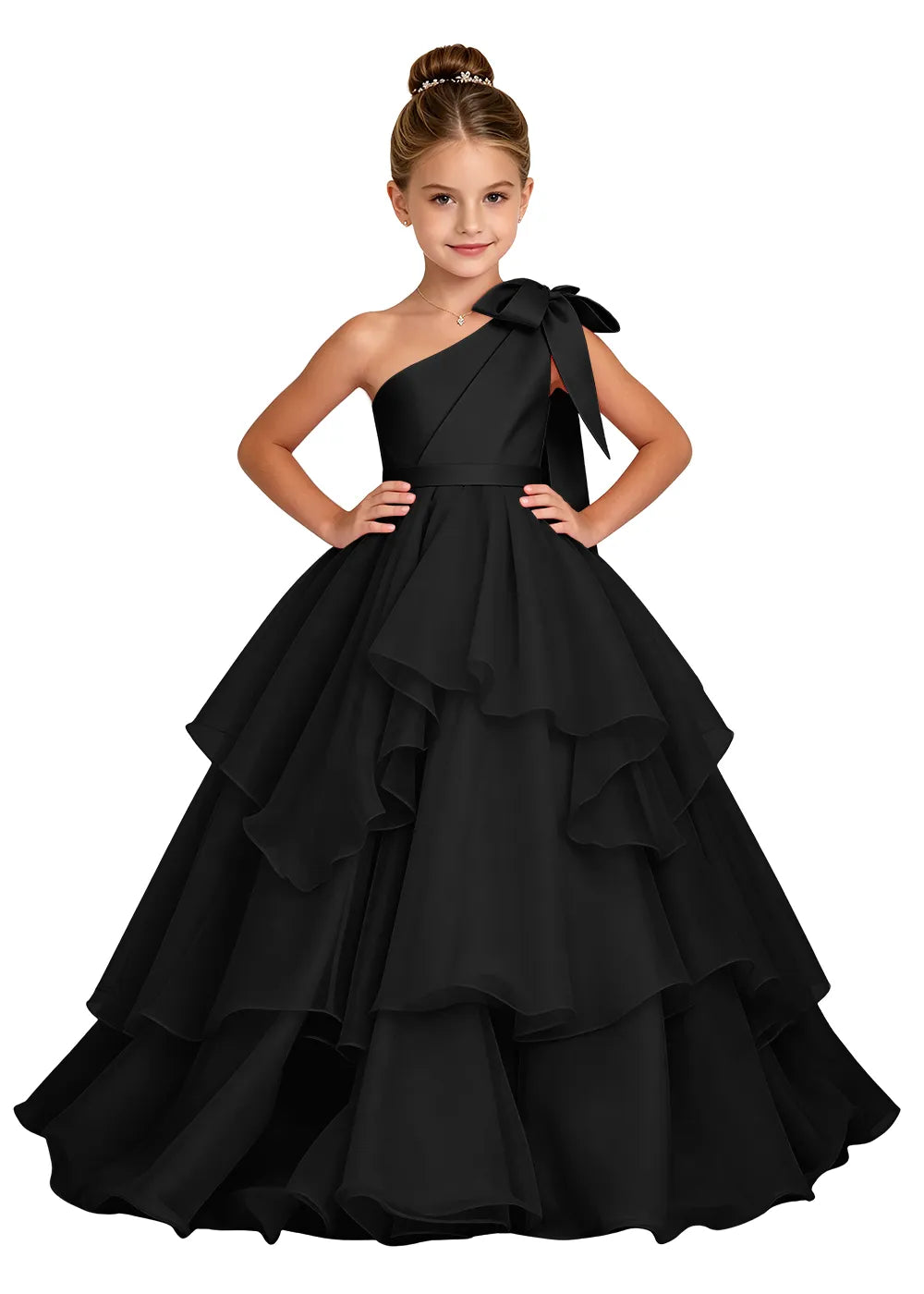 One-Shoulder Bow Tulle Girls Ball Gown