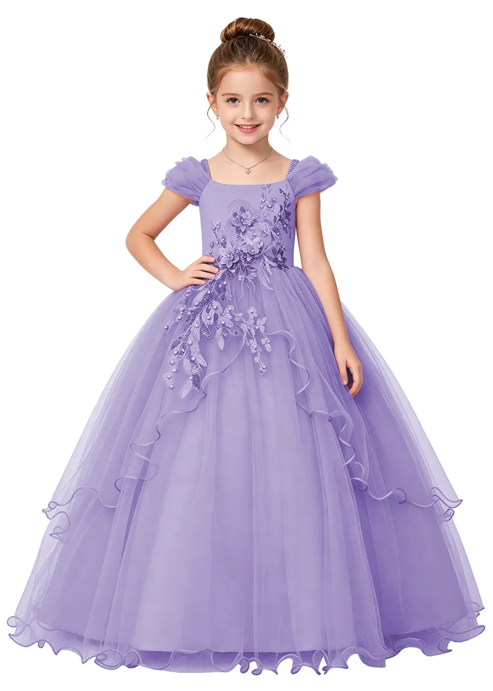 Floral Applique Tulle Girls Princess Dress