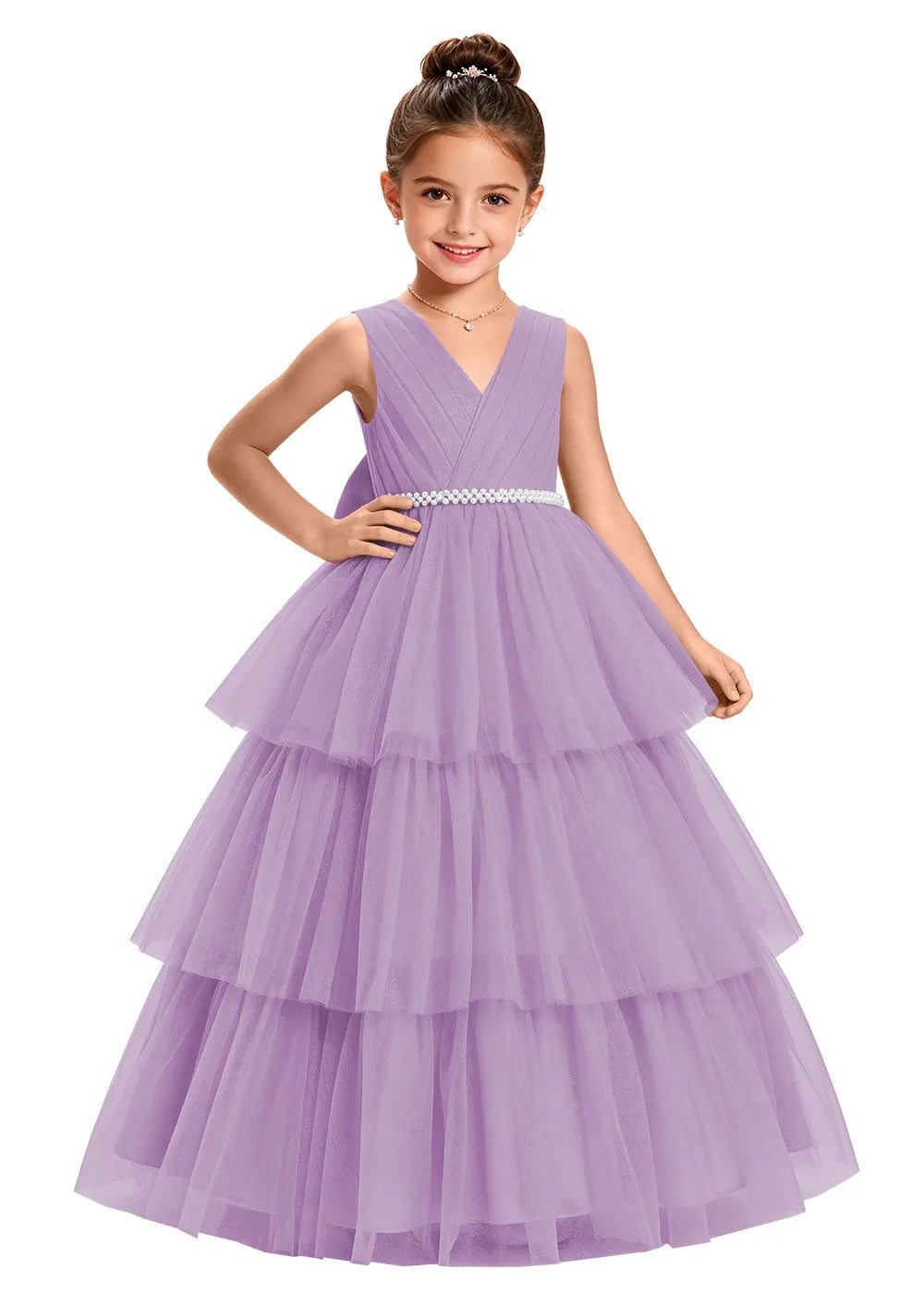 V-Neck Tiered Tulle Girls Princess Dress