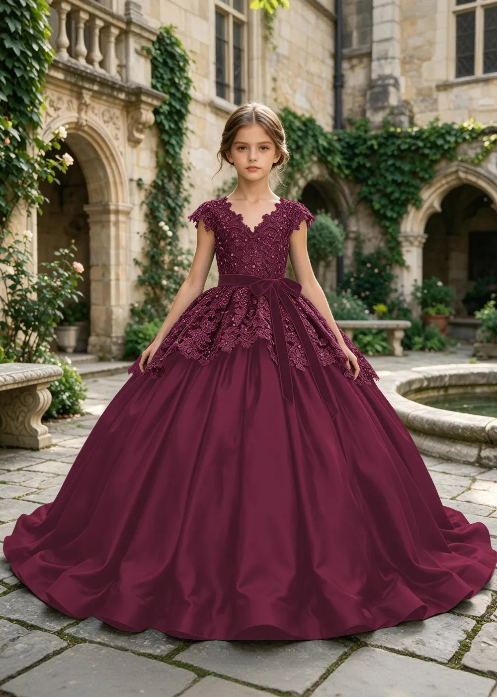Floral Lace Satin Ball Gown for Girls