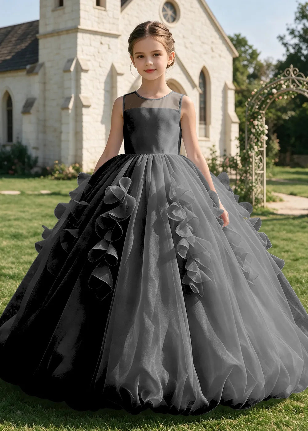 Illusion Neck Ruffle Organza Princess Ball Gown
