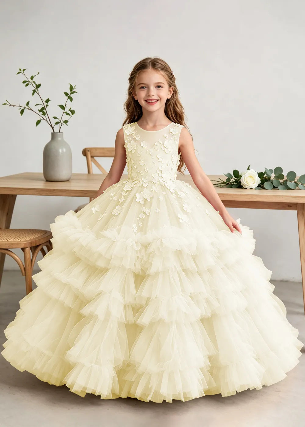 Girls High-Low Floral Appliqué Tulle Gown