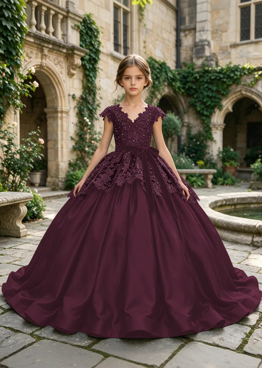 Floral Lace Satin Ball Gown for Girls