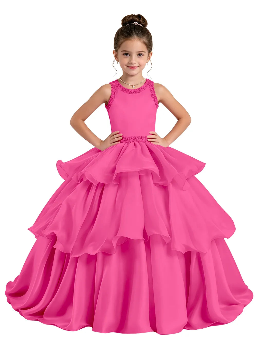 Lace-Trim Tiered Satin Girls Birthday Ball Gown
