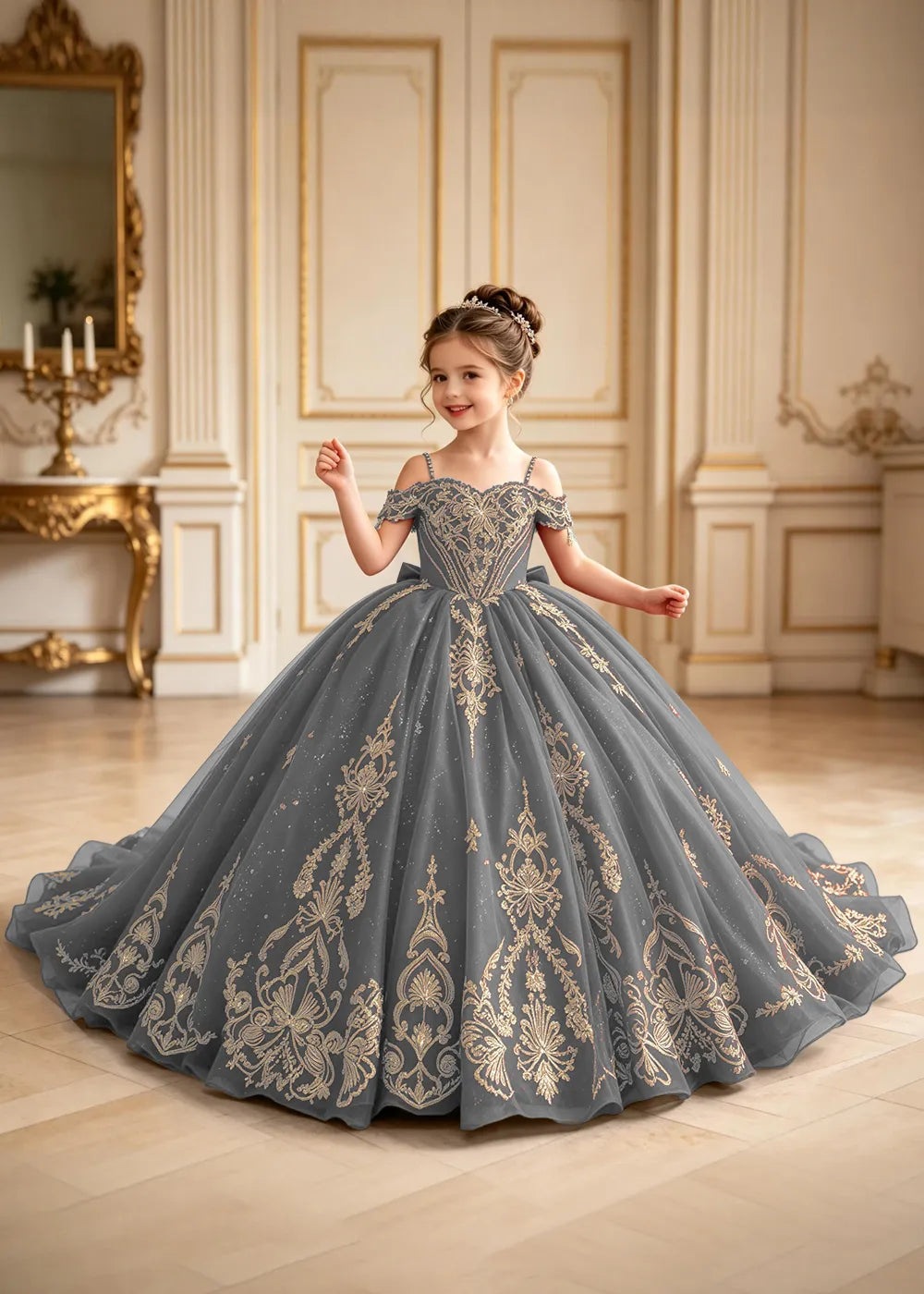 Regal Gold Embroidered Pageant Ball Gown for Girls