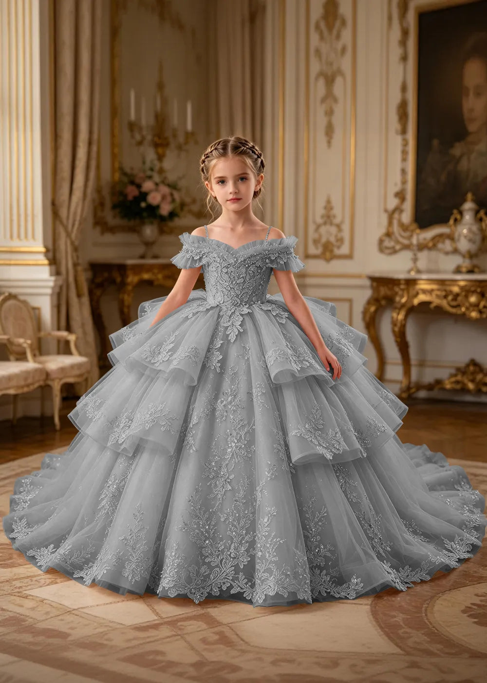 Luxury Princess Tulle Dress with Embroidered Lace and Long Train