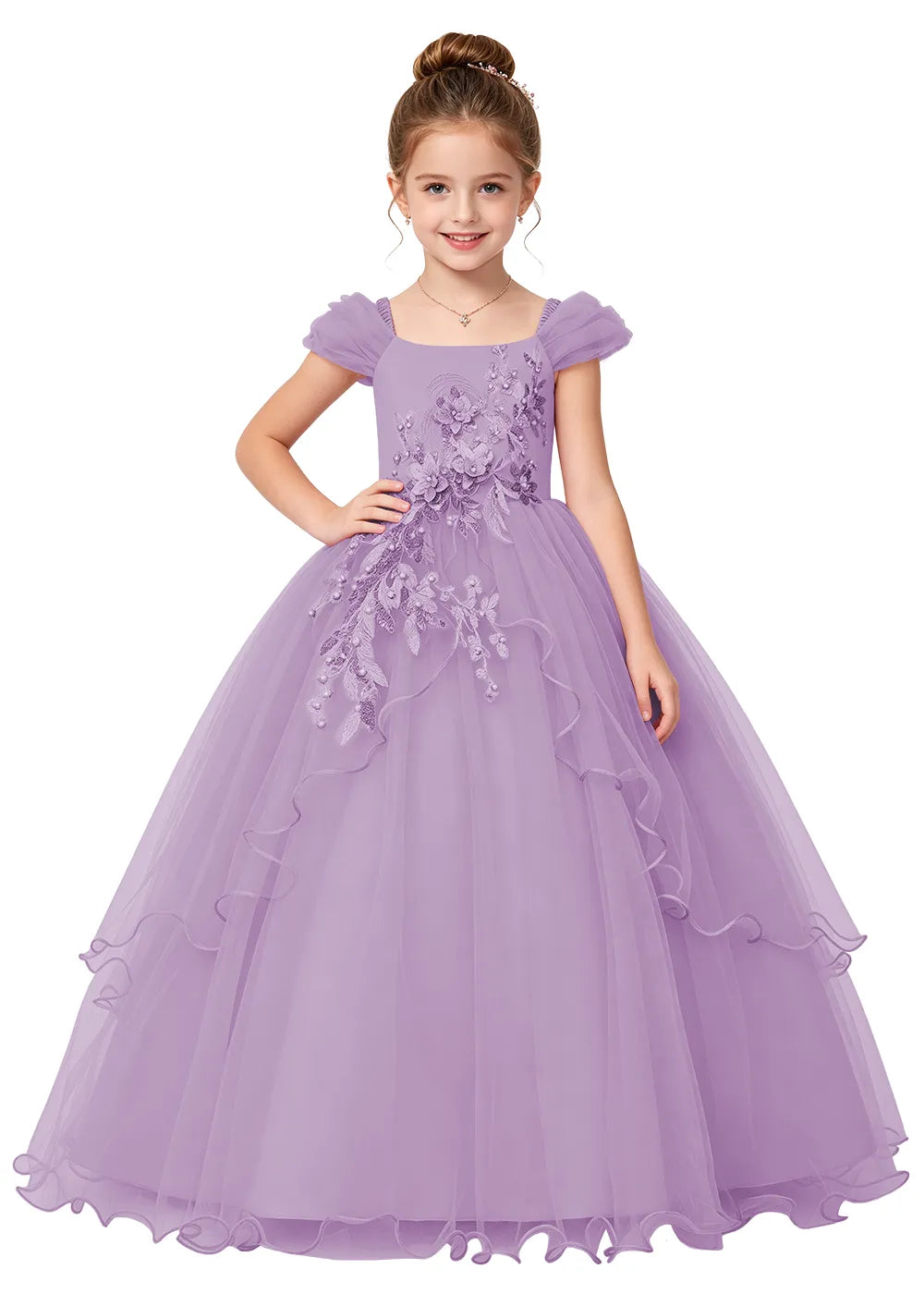 Floral Applique Tulle Girls Princess Dress
