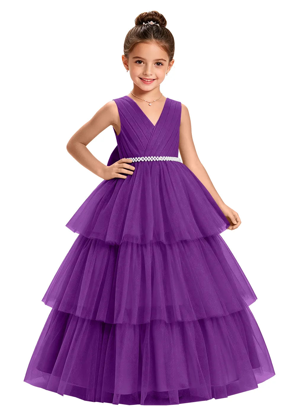 V-Neck Tiered Tulle Girls Princess Dress