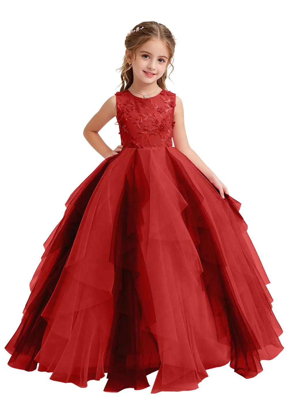 Floral Appliqué Ruffle Tulle Princess Dress