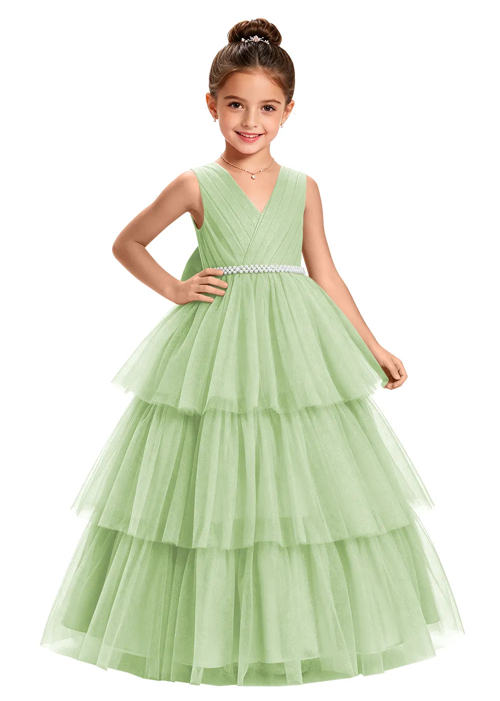 V-Neck Tiered Tulle Girls Princess Dress