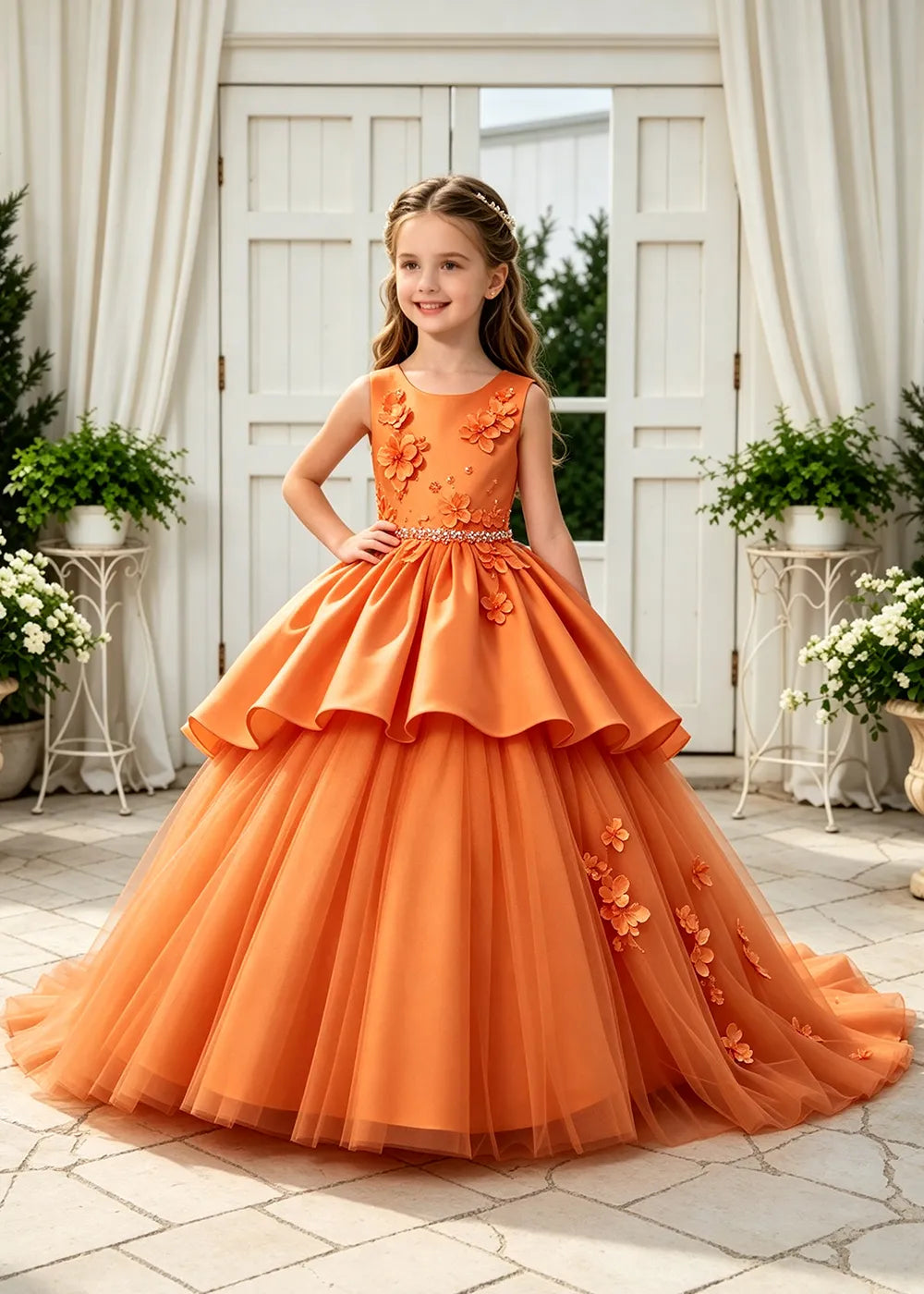 Girls Formal Gown with Sleeveless Bodice and Tulle Ball Skirt
