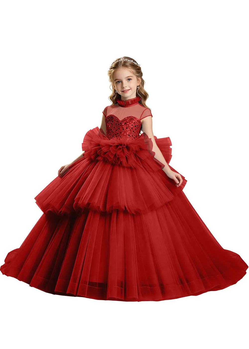 Sequin Illusion Neck Girls Pageant Ball Gown
