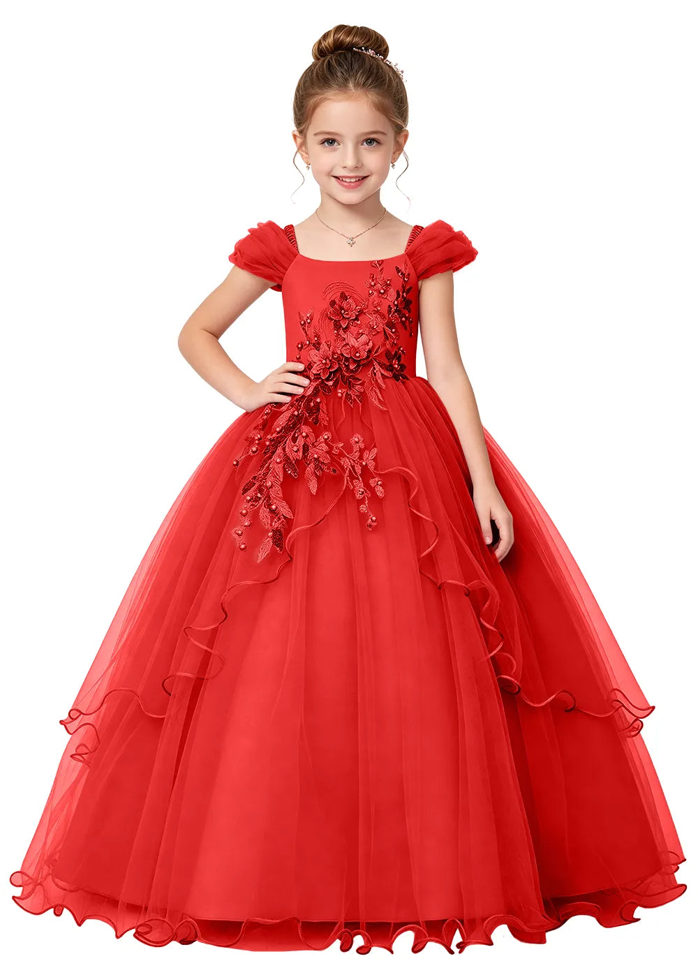 Floral Applique Tulle Girls Princess Dress
