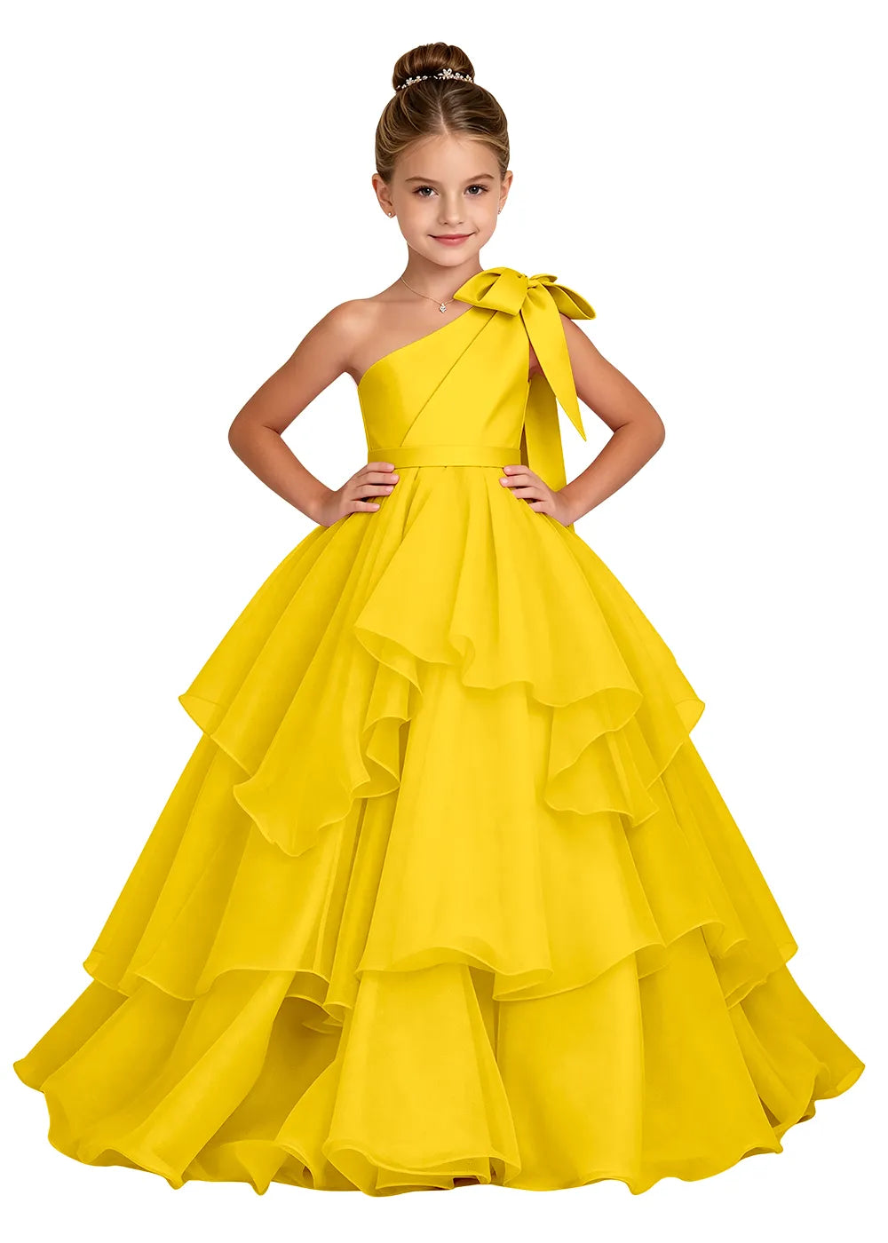 One-Shoulder Bow Tulle Girls Ball Gown